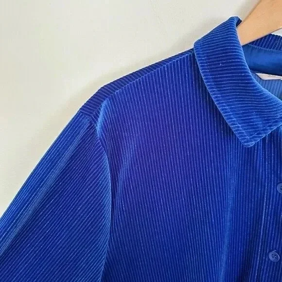 Soft Surroundings Ribbed Metallic Blue Velvet Boyfriend Tunic Button Shirt LARGE - Picture 2 of 9